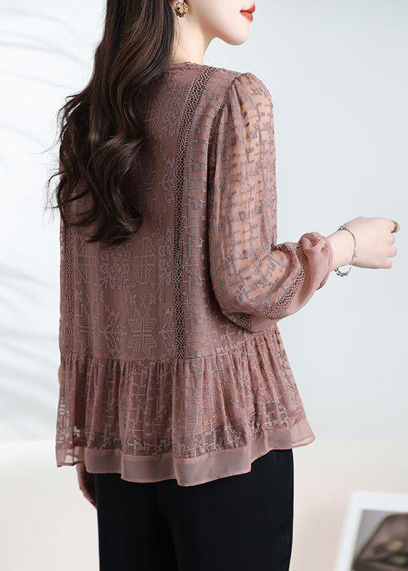 Loose Coffee O-Neck Embroidered Patchwork Silk Top Bracelet Sleeve WD025