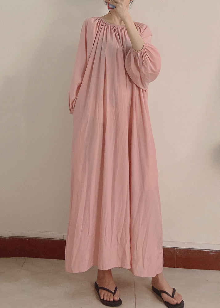 Robe longue rose froissée à poches et manches longues pour femme TT1044 