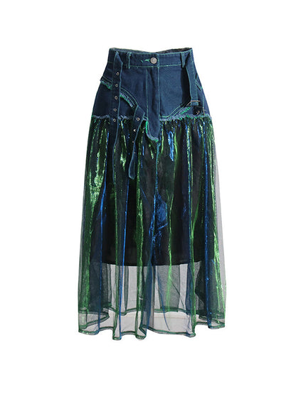 Stylish Denim With Belted Patchwork Blue Green Tulle A-Line Skirt TT1038