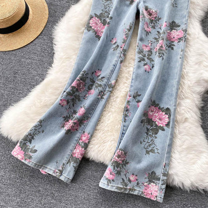 Women Blue Rose Print Wide Leg Denim Pants AR1016