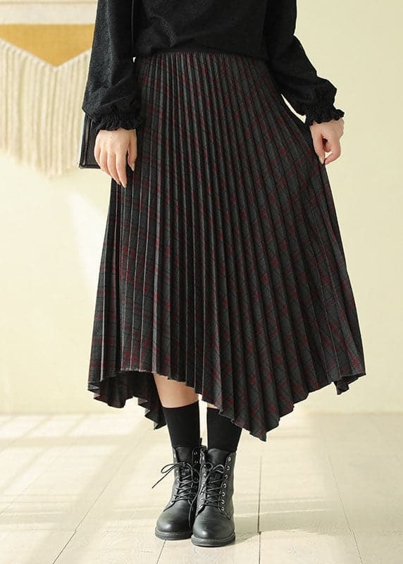 Women Chocolate Elastic Waist Asymmetrical Design Plaid Cotton Skirt Fall AJ1011