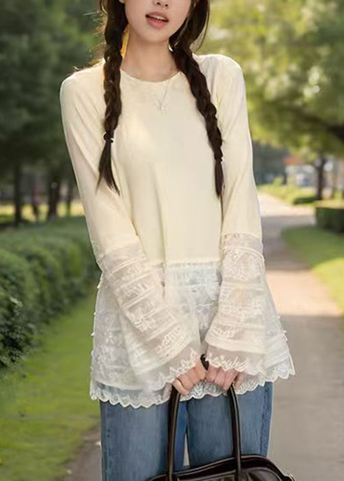 T Fit Patchwork Slim Button Shirt Spring Lace Beige