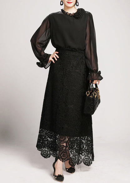 Black Lace Shirts And Maxi Skirts Two Pieces Set V Neck Long Sleeve AO1042