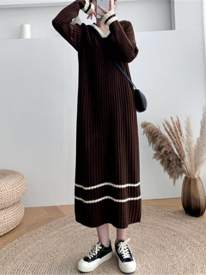 Urban Coffee Hooded V-Neck Long Sleeve Striped Knit Dress AN1051