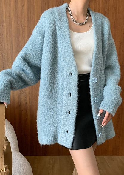 Plus Size Blue V Neck Button Woolen Cardigans Fall WD005