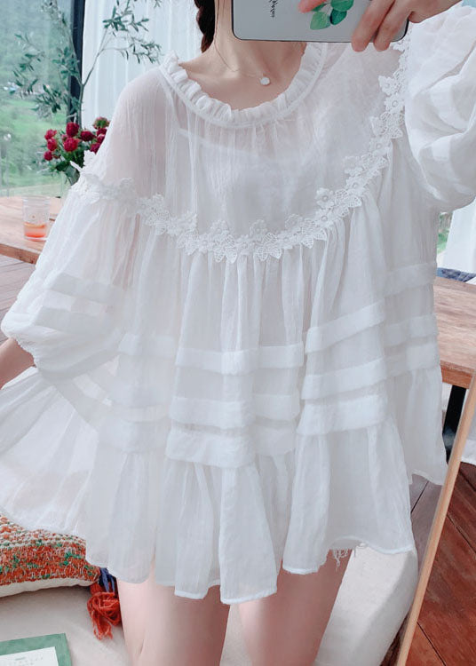 Style White Lace Ruffled Patchwork Cotton Blouses Lantern Sleeve AZ1027