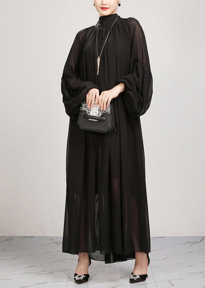 New Black Wrinkled Loose Chiffon Long Dress Fall AO1060