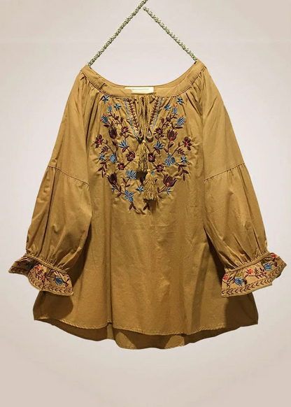 Grace Red Embroidered Lace Up Cotton Shirt Long Sleeve QR025