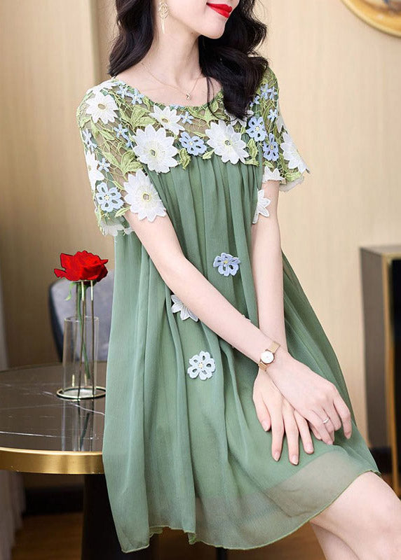 Boho Green O-Neck Embroidered Patchwork Tulle Mid Dresses Short Sleeve AZ1018