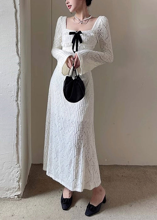 Robes carrées creuses en coton blanc à col long, élégantes et printanières 