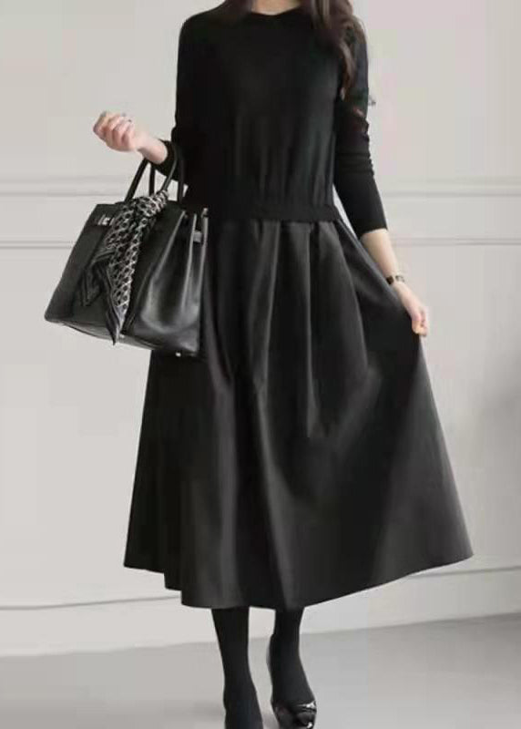 Large Fake Knit Patchwork Two Exra Piece Hem Dresses Black Fitted