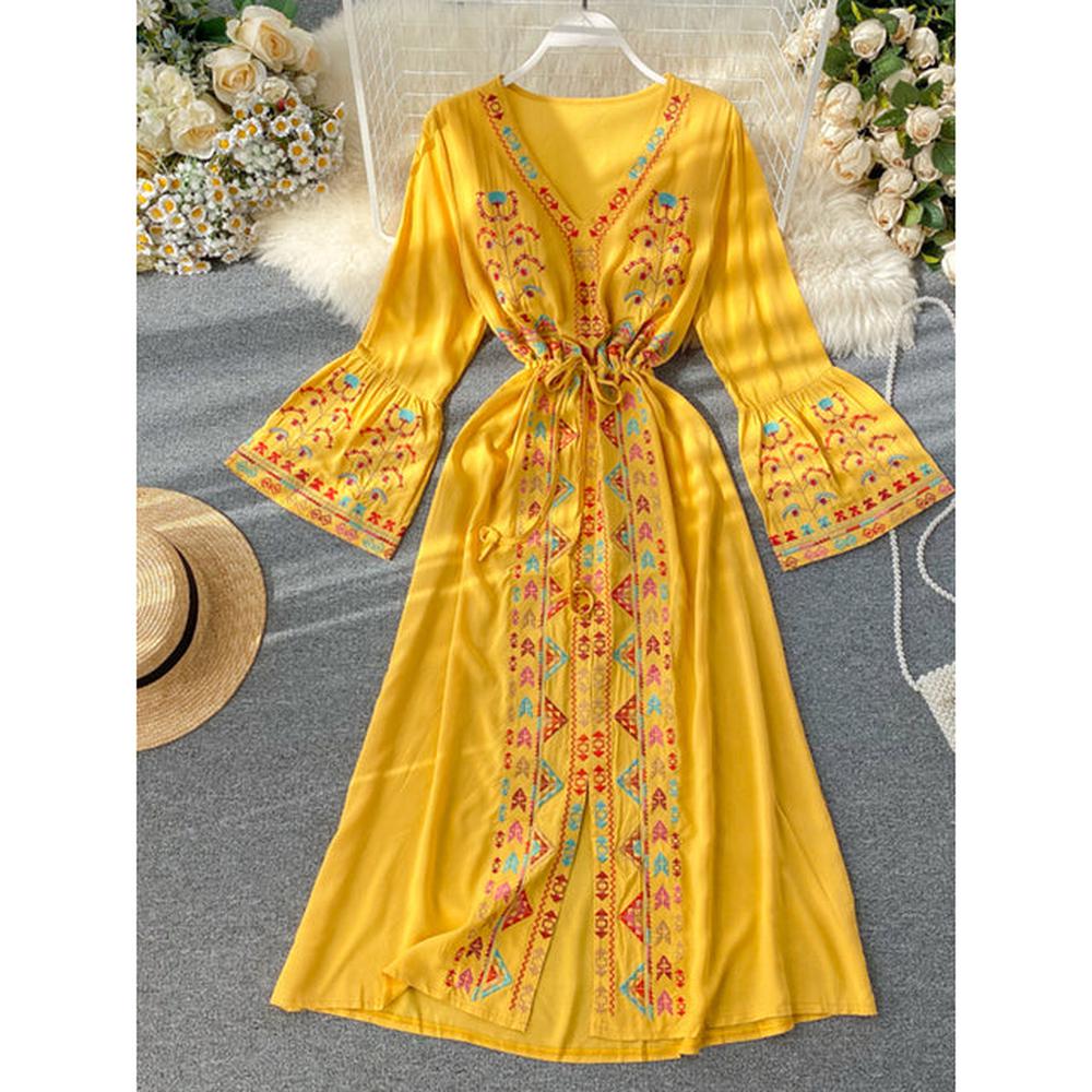 Ethnic Yellow V-Neck Embroidery Drawstring Waist Trumpet Sleeve Dress AR1008