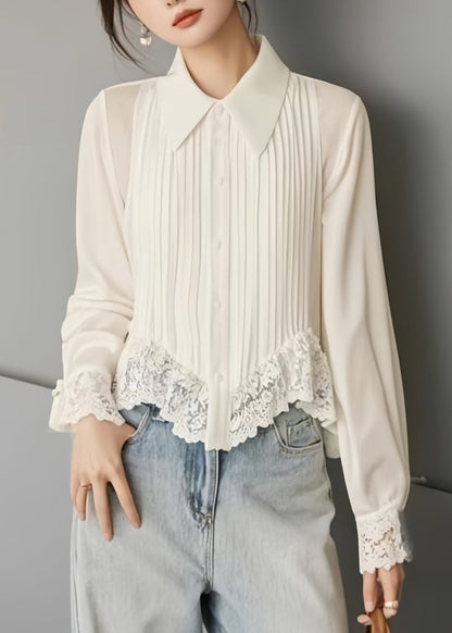 Art White Button Lace Solid Chiffon Blouses Spring RV040