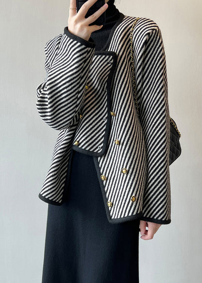 Italian Asymmetrical Striped Double Breast Cotton Coats Fall AF1054