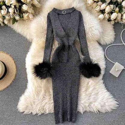 Modern Purple V-neck Hollow Out Halter Long Sleeve With Fur Knit Dress AR1009