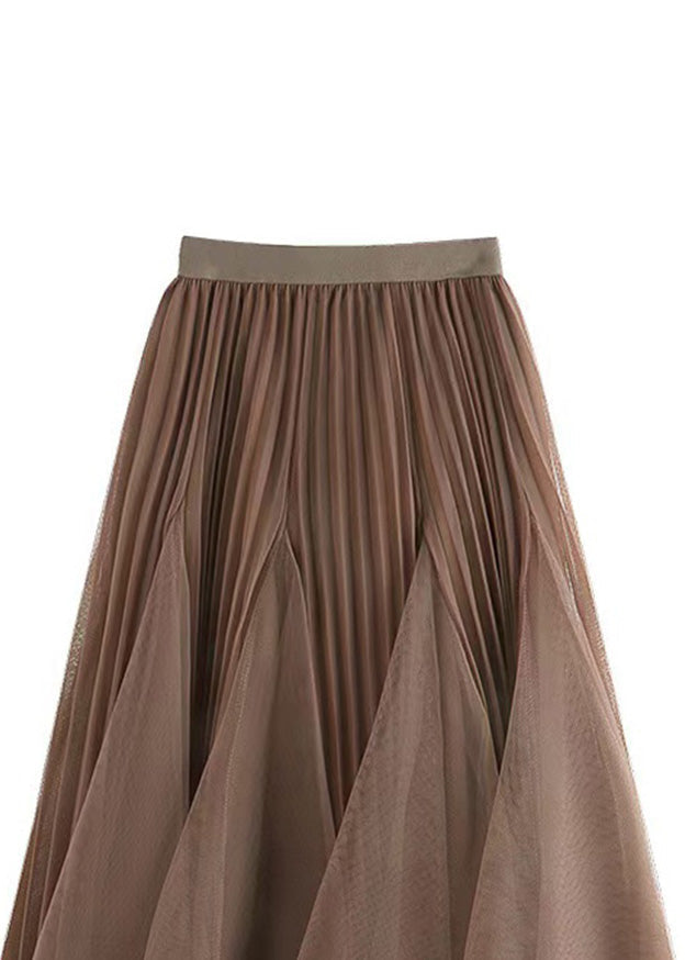 Women Brown Wrinkled Elastic Waist Tulle Skirts Spring RV005