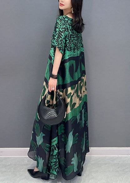 Bohemian black texture O Neck Pockets Print Patchwork Silk Long Dresses Summer TT1032