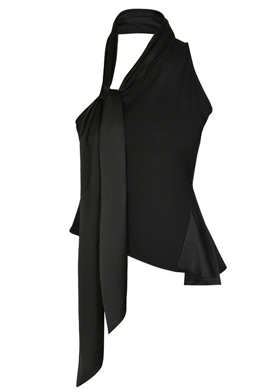 Stilvolle schwarze One-Shoulder-Bluse mit Schleife und Patchwork aus Baumwolle, ärmellos, EE002 