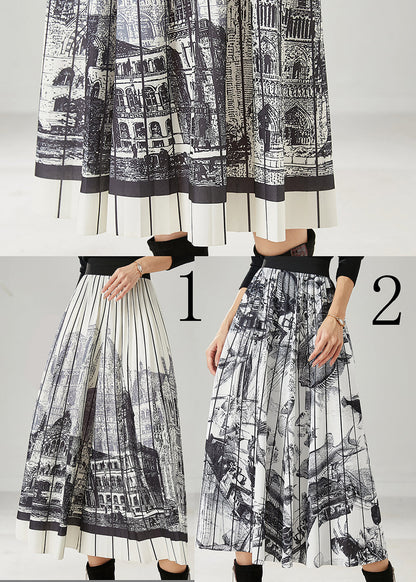 White Print Chiffon Pleated Skirts Elastic Waist Summer AZ1049