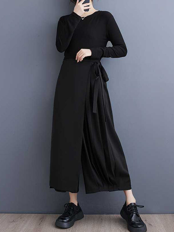 Stylish Black Elasticity High Waisted Asymmetric Tied Patchwork Pleated Ninth Pants WS015