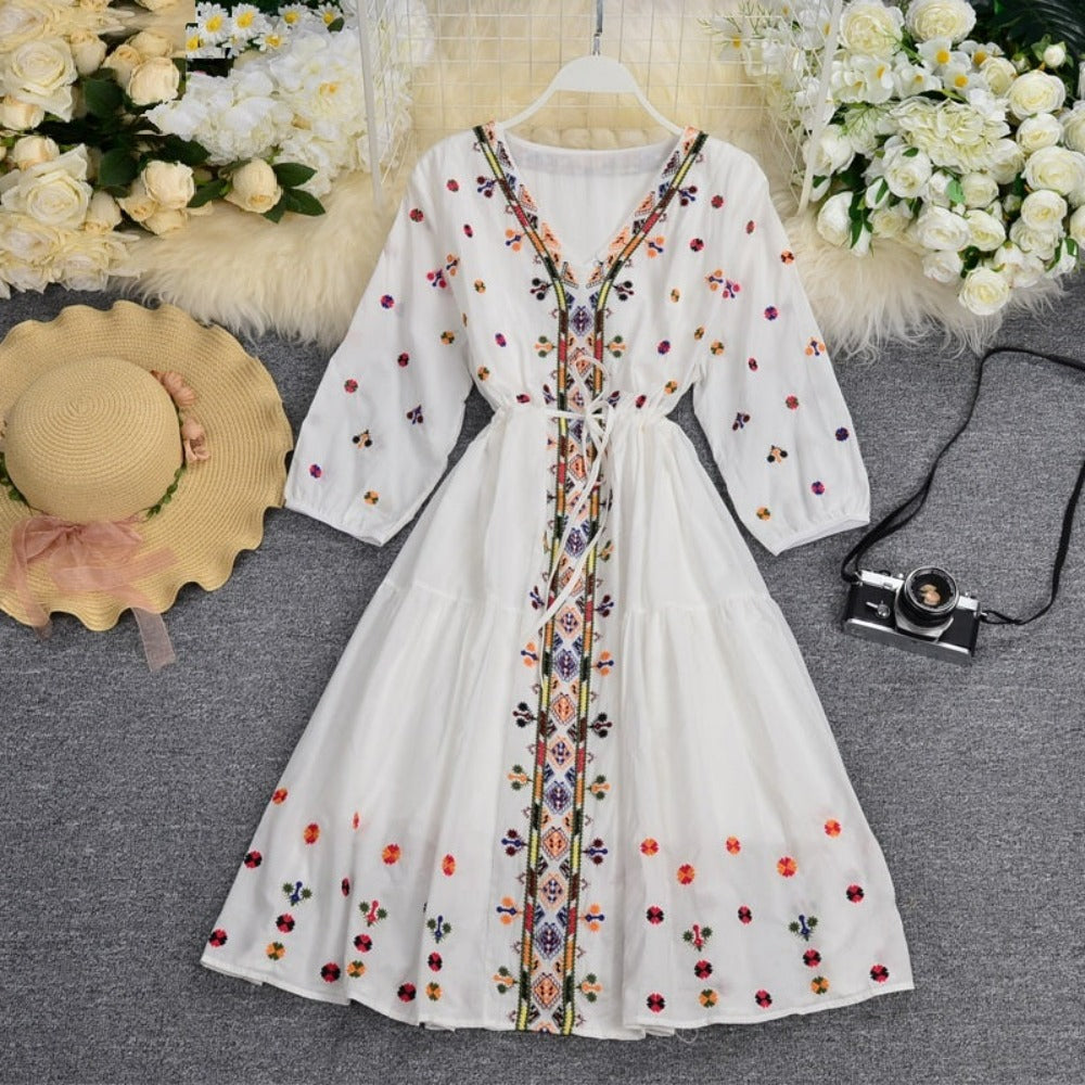 Boho White V-neck Floral Embroidery Lace-up Three-quarter Sleeves Dress AR1020