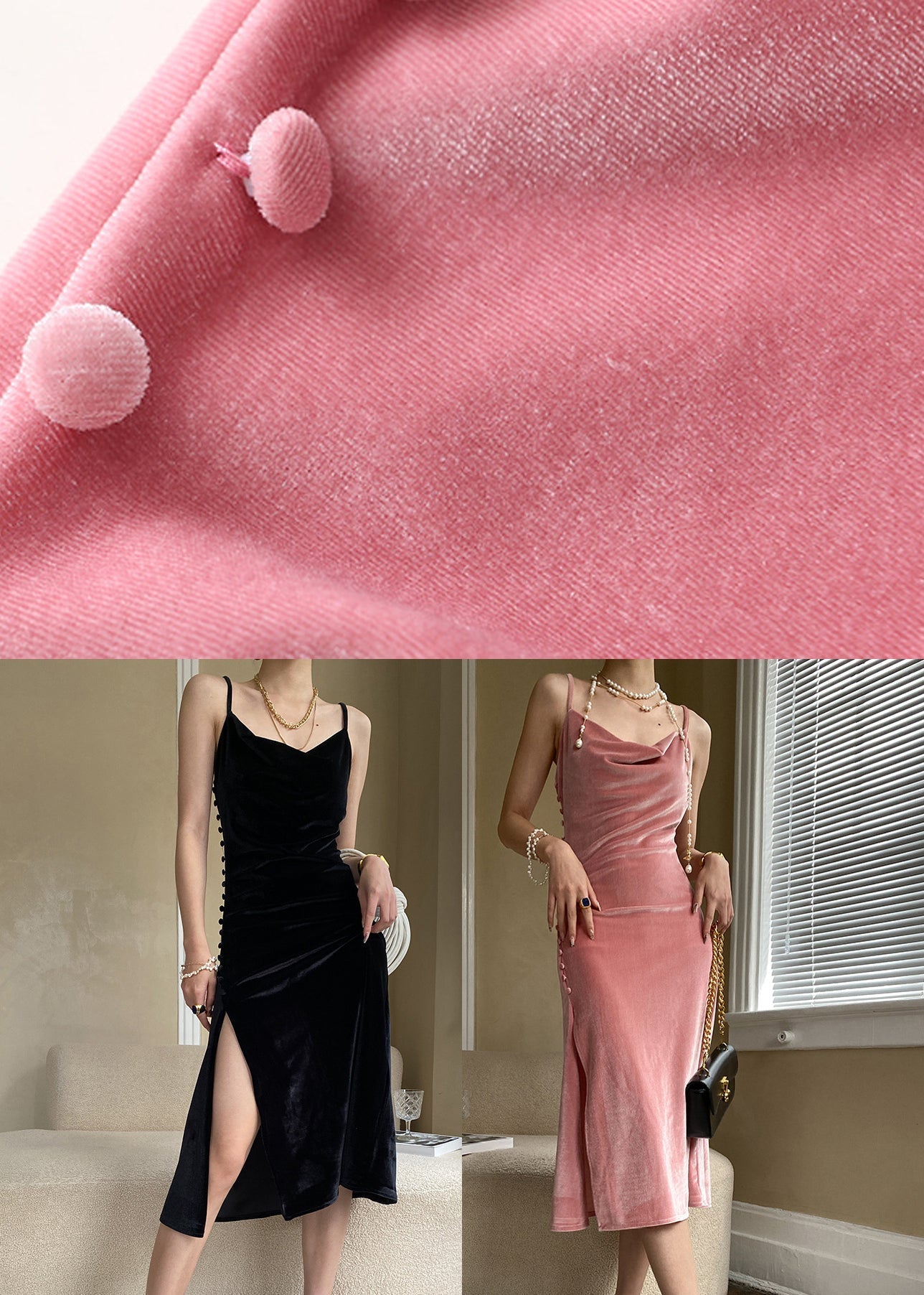 Sexy Pink Button Side Open Silk Velvet Spaghetti Strap Dress Sleeveless AF1020