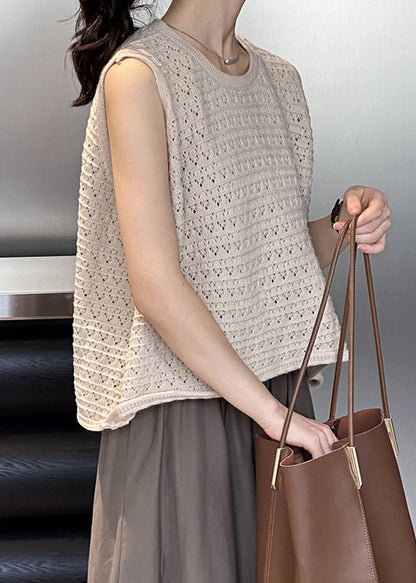 Khaki Hollow Out Cozy Loose Knit Vest O Neck Fall AF1010