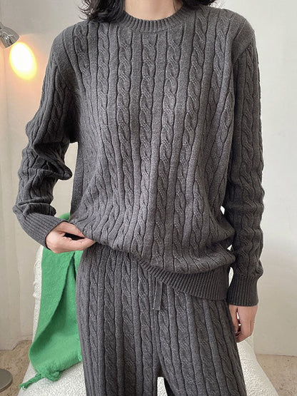 Simple Grey Round-Neck Long Sleeve Jacquard Twist Knit Top AN1060