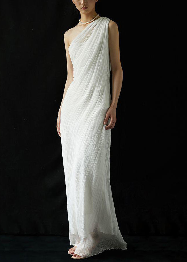 Wrinkled Solid Shoulder Dress Silk Cold Maxi Summer Art White