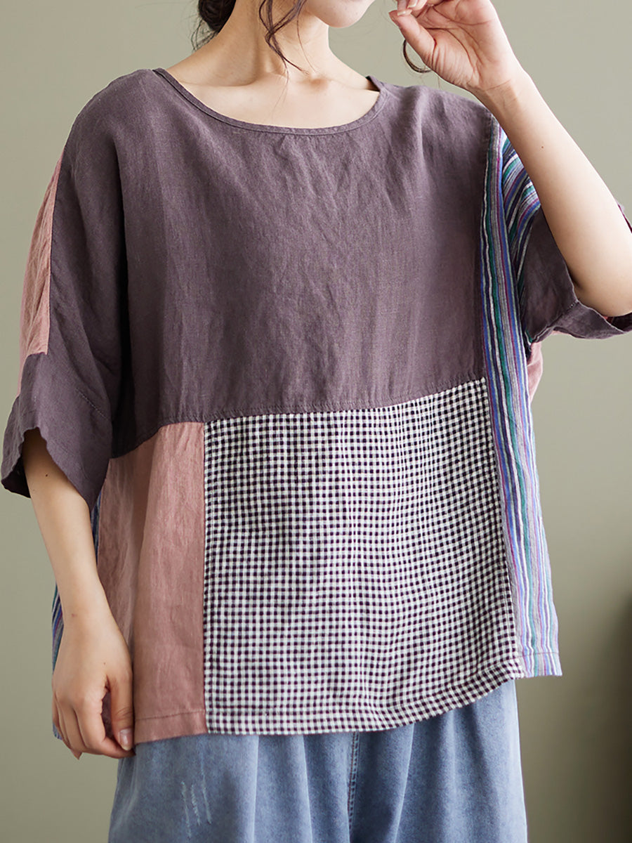 Plus Size Vintage Short Sleeve Women Patchwork Loose Shirt QW1031