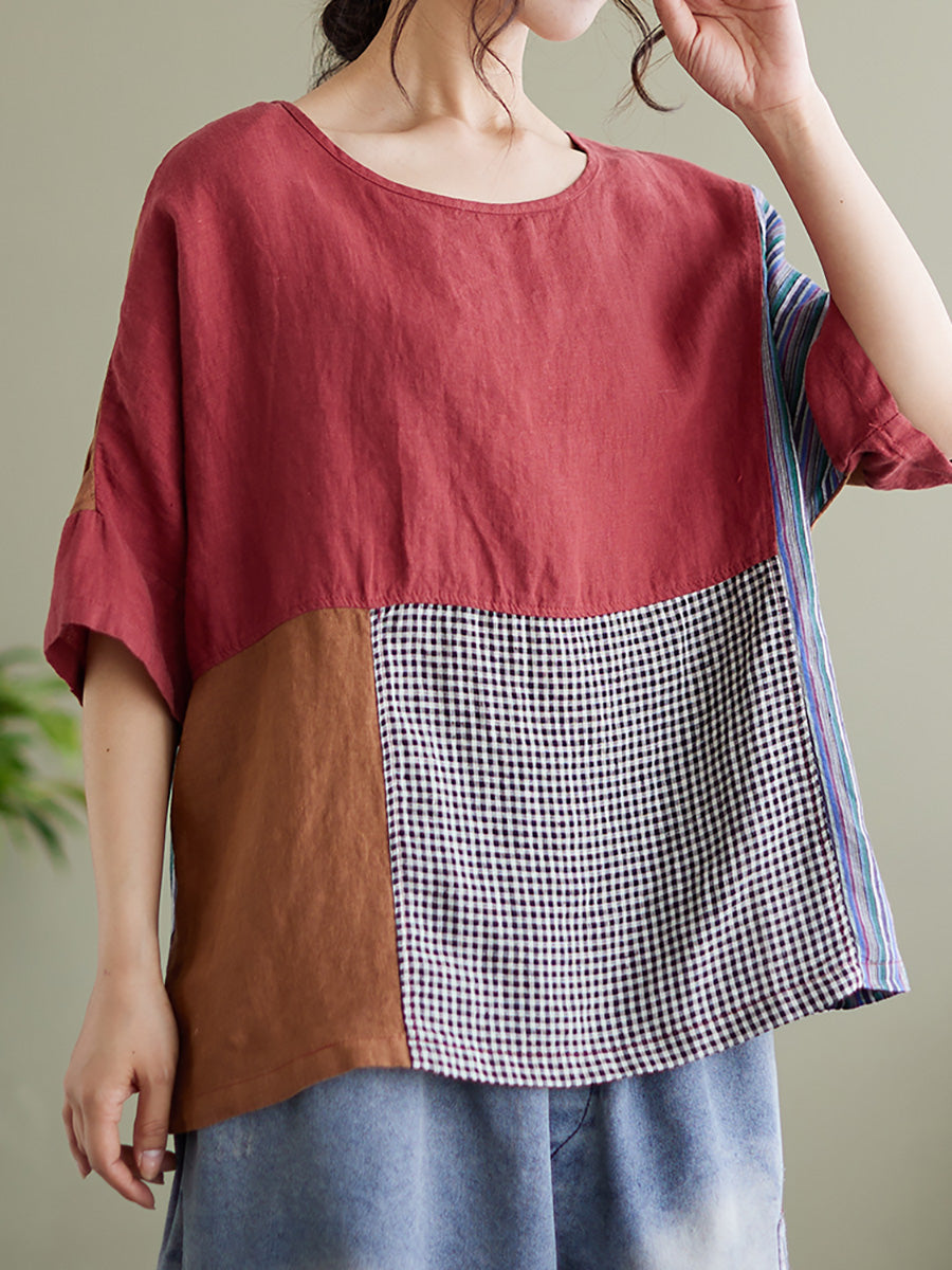 Plus Size Vintage Short Sleeve Women Patchwork Loose Shirt QW1031