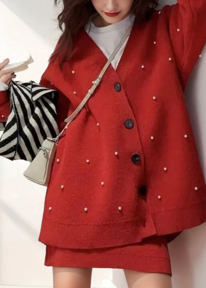 Fashion Red V Neck Nail Bead Cotton Knit Cardigan And Skirts Two Pieces Set Winter WV001