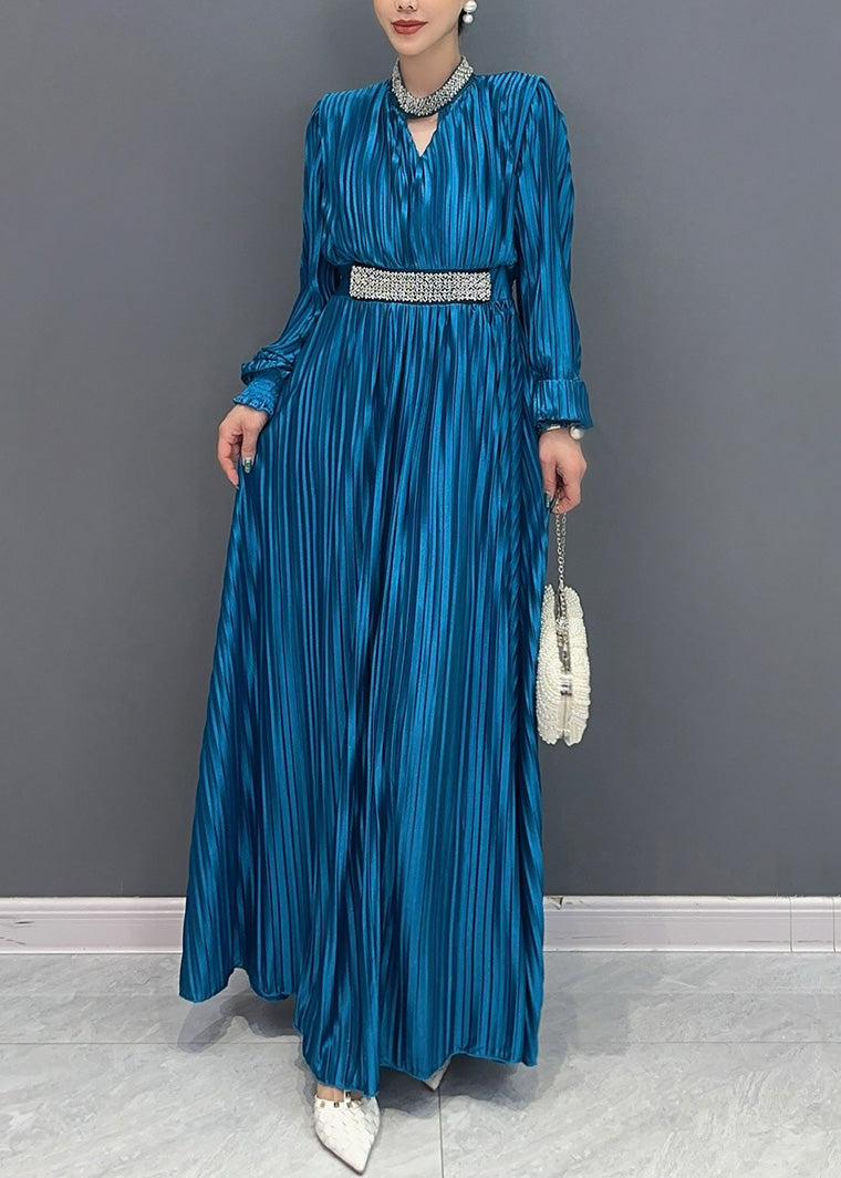 Elegantes blaues V-Ausschnitt-Maxikleid mit langen Ärmeln AY1043