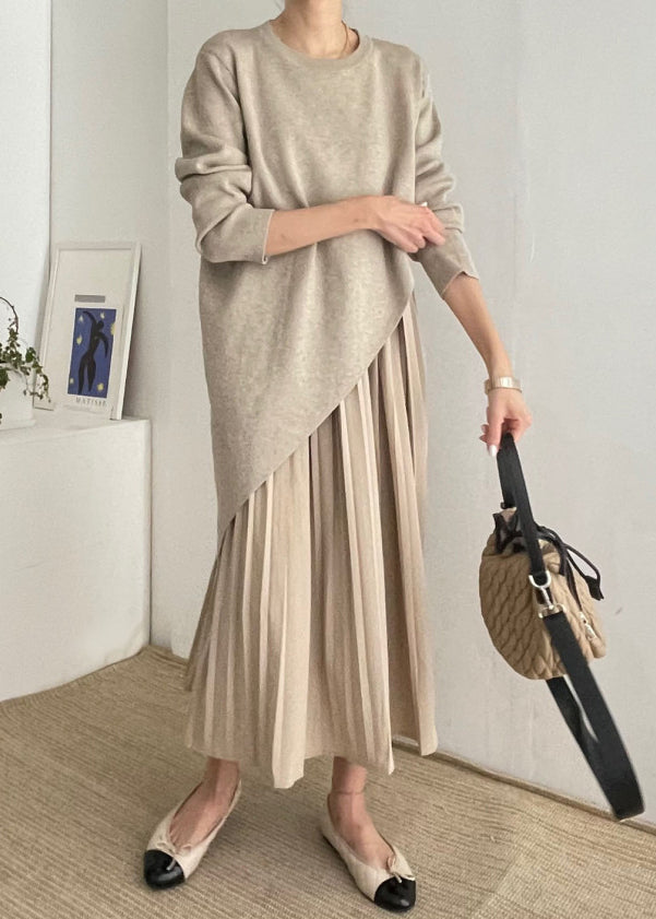 Asymmetrical Dress Wrinkled Two Knit Khaki Beautiful Set Piece
