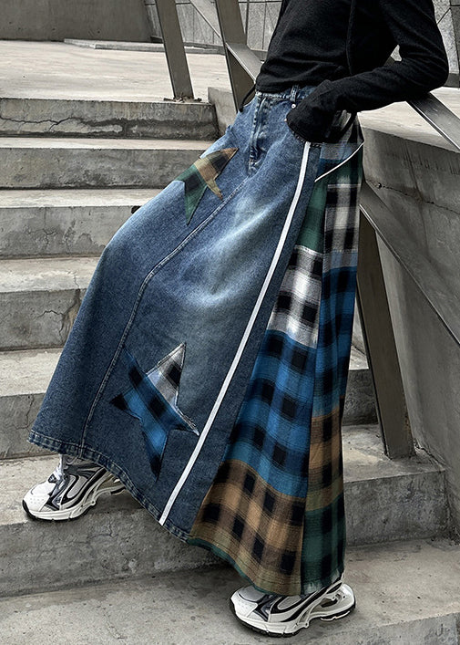 Hohe Lose Taille Plaid Patchwork Frühling Blau Rock Denim 