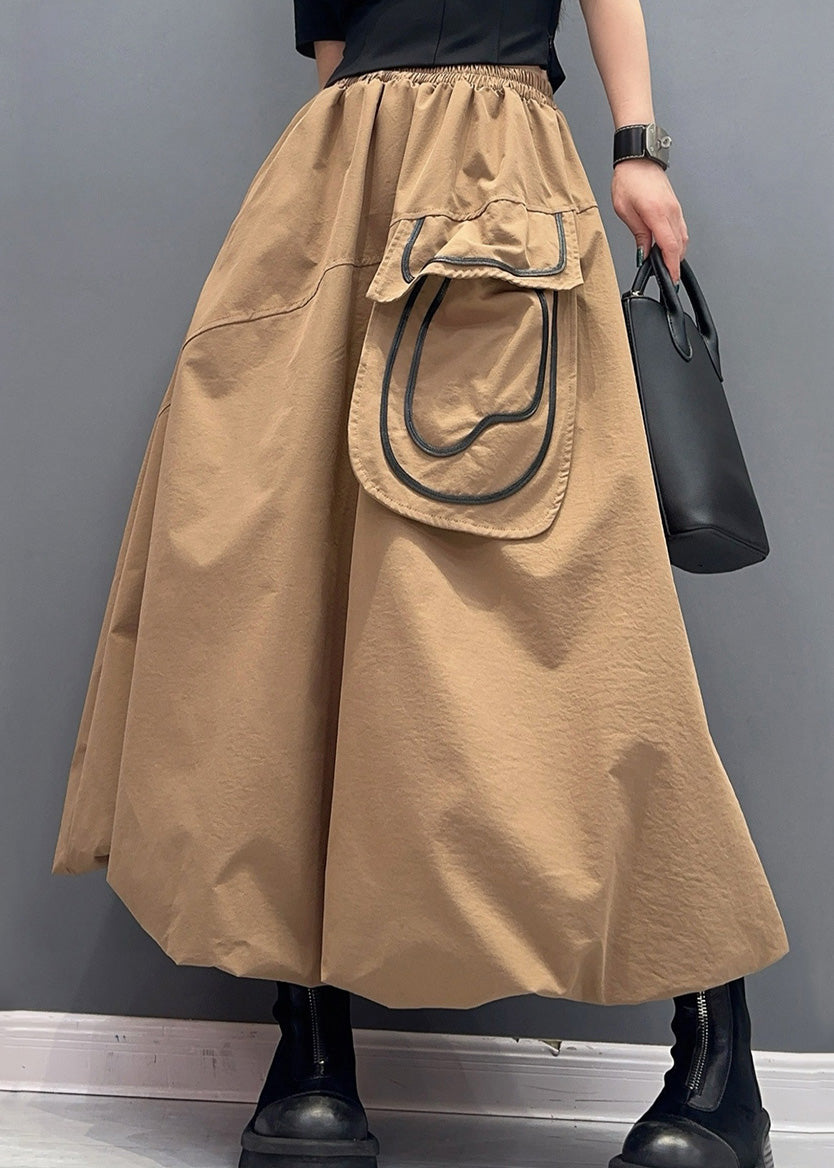 Lässiger Khaki-Baumwollrock mit Taschen und elastischer Taille für den Sommer AY1018