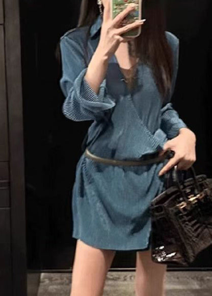 Slim Fit Blue V Neck Sashes Party Mid Dress Long Sleeve AN1014