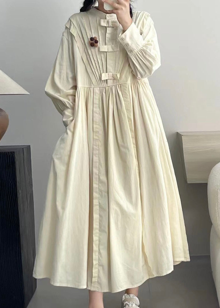 Robe élégante en coton beige froissé à manches longues NN028 