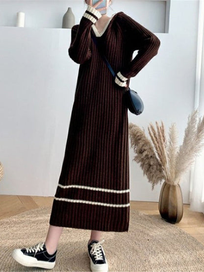 Urban Coffee Hooded V-Neck Long Sleeve Striped Knit Dress AN1051