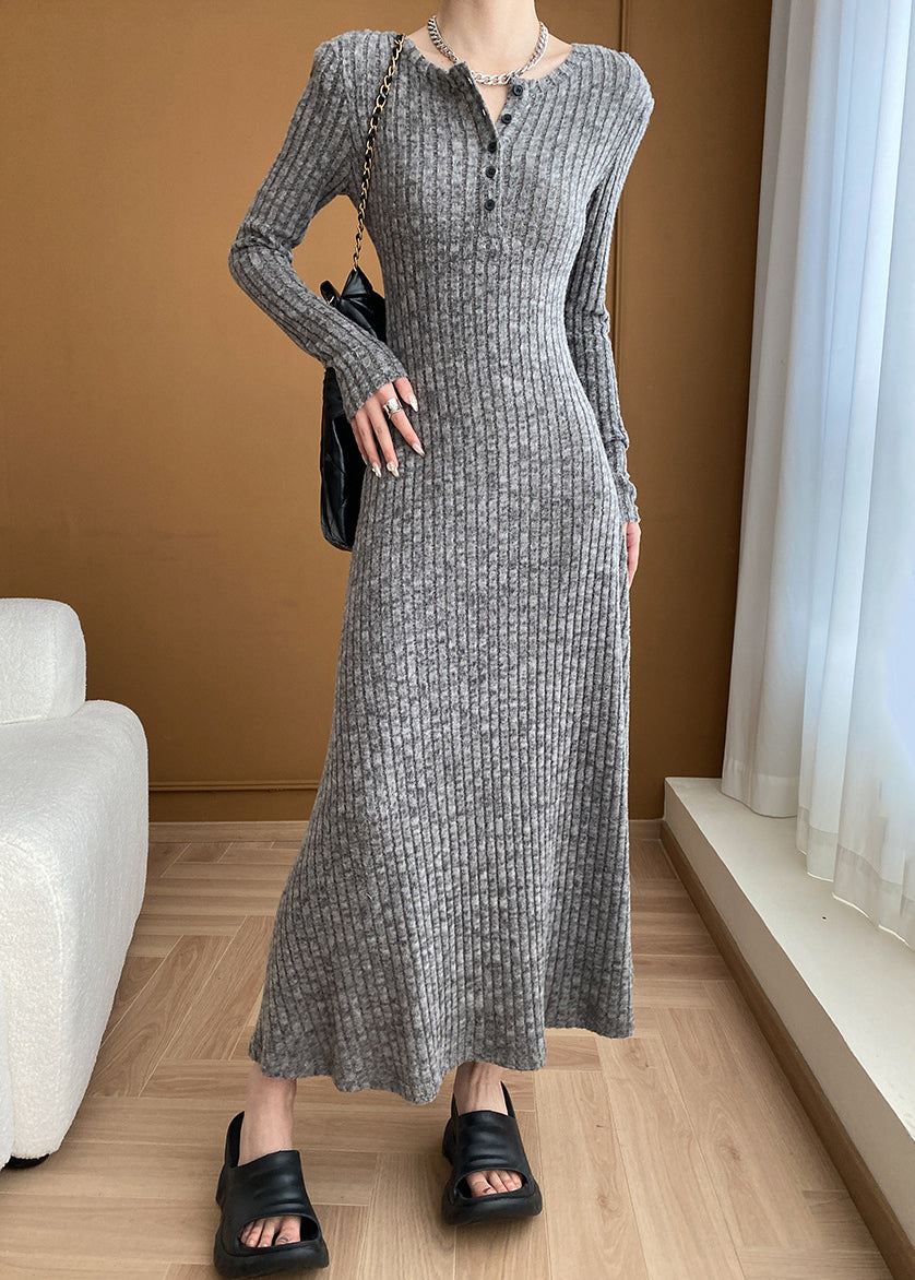 Nouvelle robe pull en tricot de coton à boutons et col en V gris à manches longues AF1056 