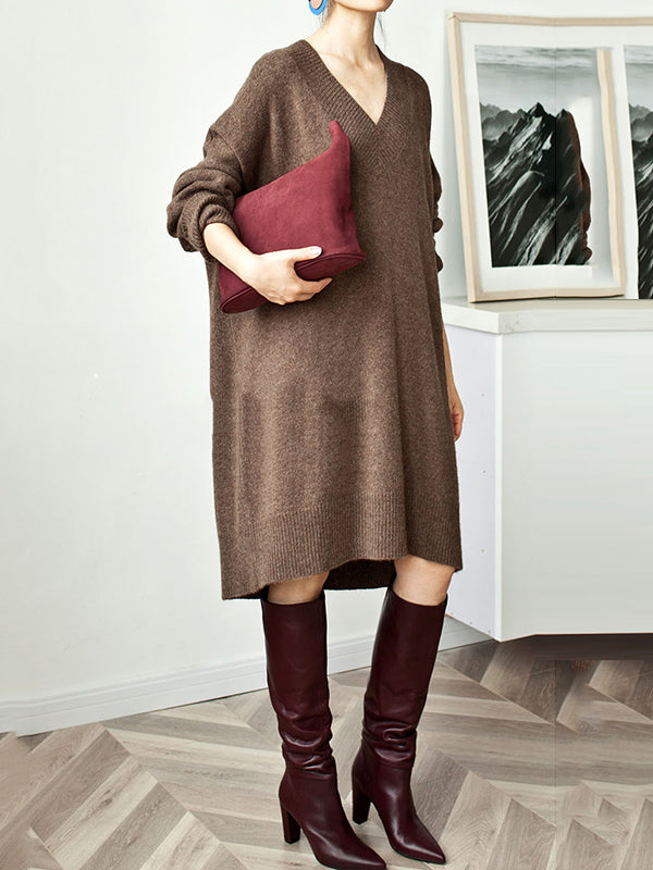 Stylish Loose Camel V-Neck Long Sleeve Sweater Dress QX006