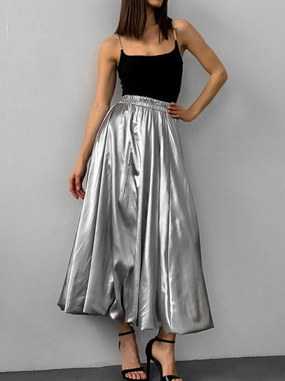 Chic Silver High Waisted Pleated A-Line Skirts WS011