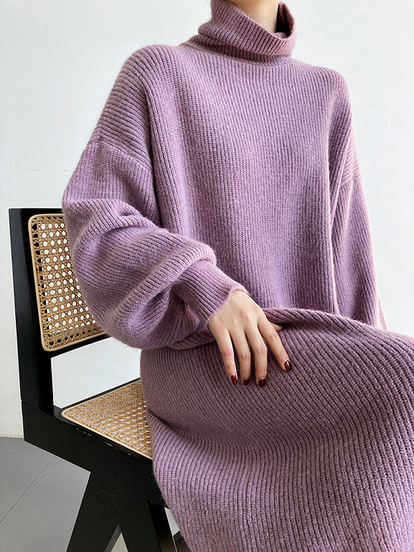 Urban Loose Purple High-Neck Long Puff Sleeve Sweater Dress AN1052