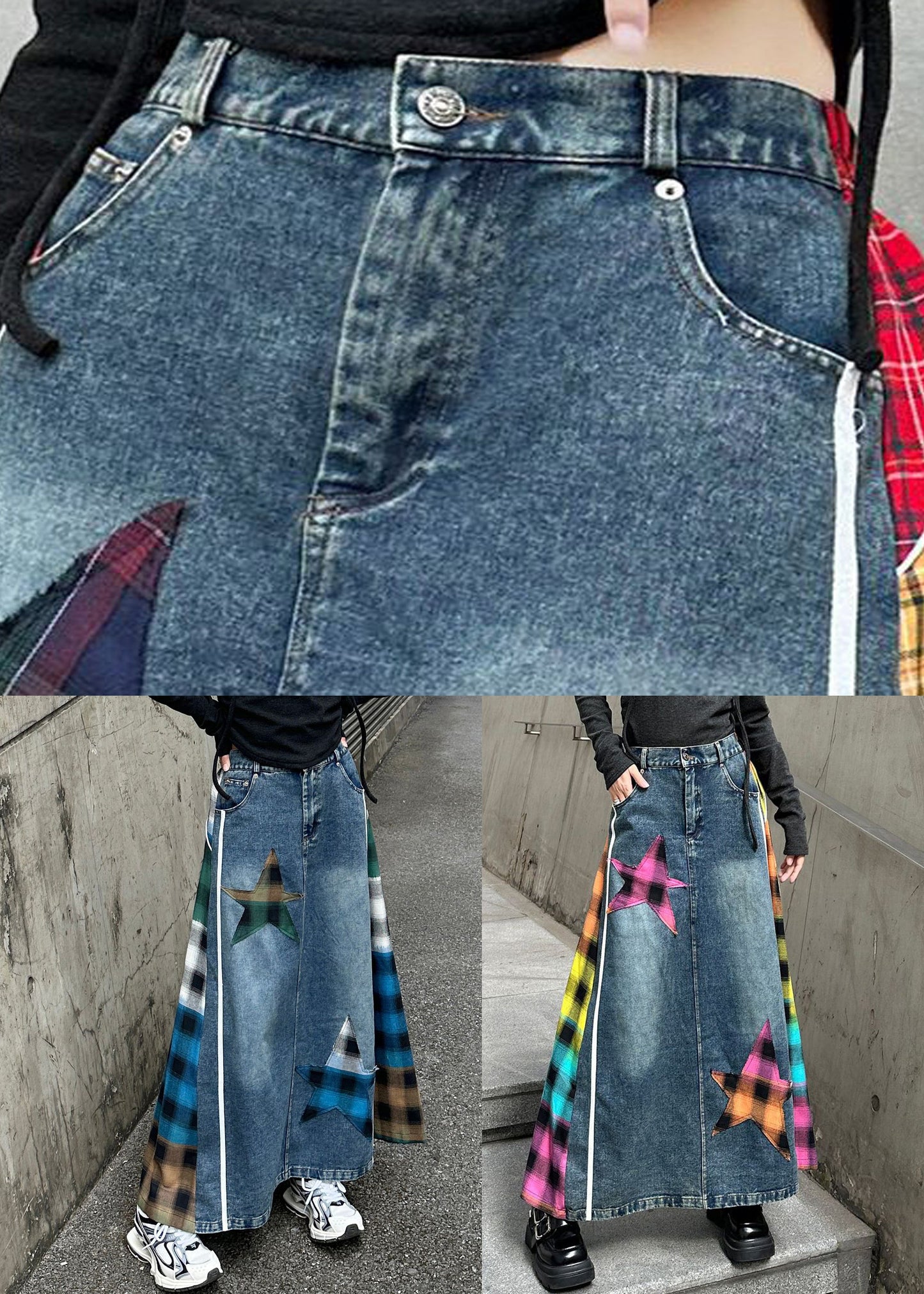 Hohe Lose Taille Plaid Patchwork Frühling Blau Rock Denim 