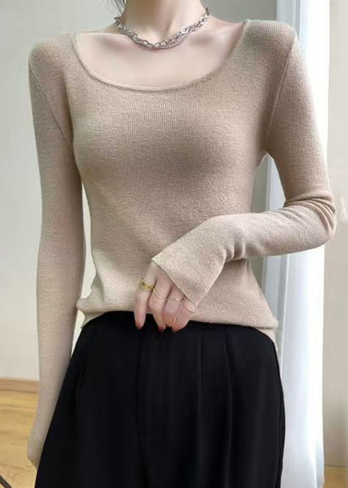 Haut en tricot de laine unie à col rond et coupe slim camel clair Automne QI012