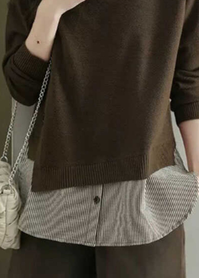 Natural Coffee Peter Pan Collar Patchwork Fake Two Pieces Wool Knit Shirt Fal WD038