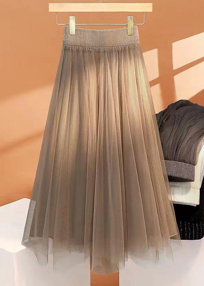 Women Khaki High Waist Wrinkled Asymmetrical Tulle Skirt Spring TT1011