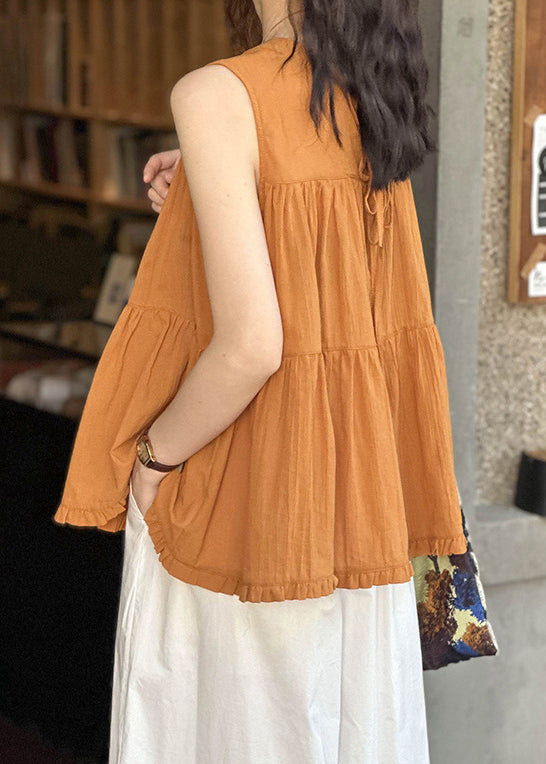 Loose Orange Wrinkled Lace Up Cotton Top Sleeveless AF1089