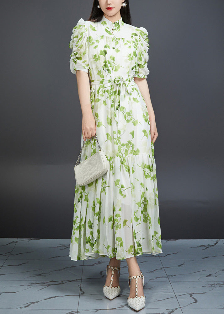 Bohemian Green Wrinkled Print Tie Waist Chiffon Dress Summer AJ1002