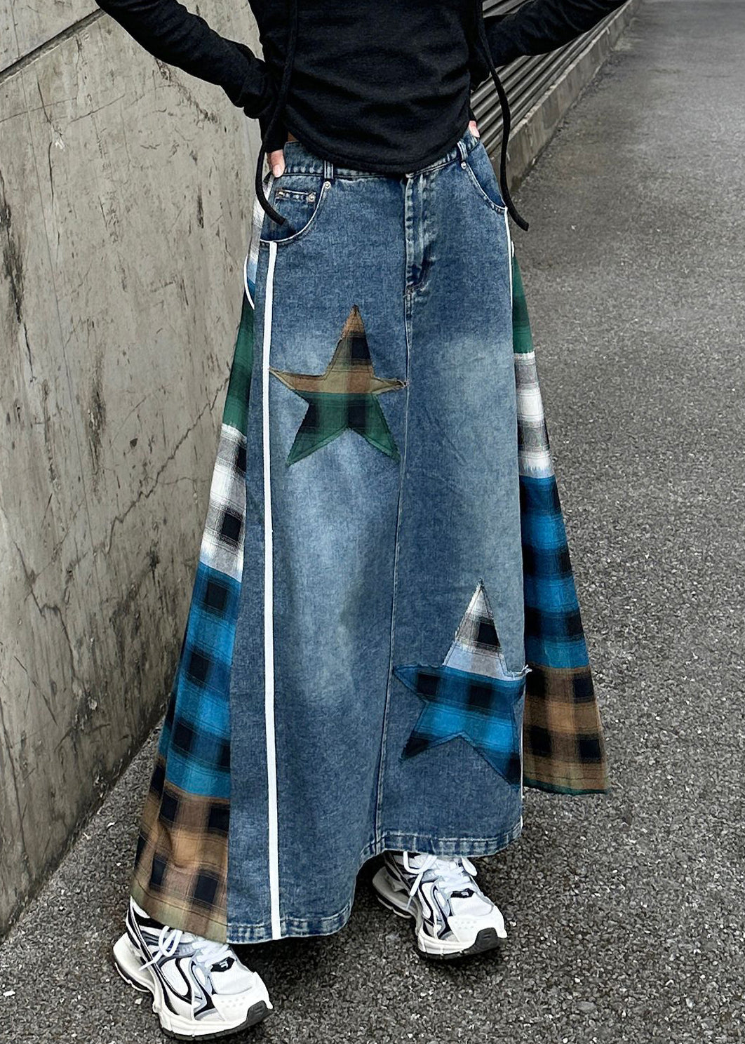 Hohe Lose Taille Plaid Patchwork Frühling Blau Rock Denim 
